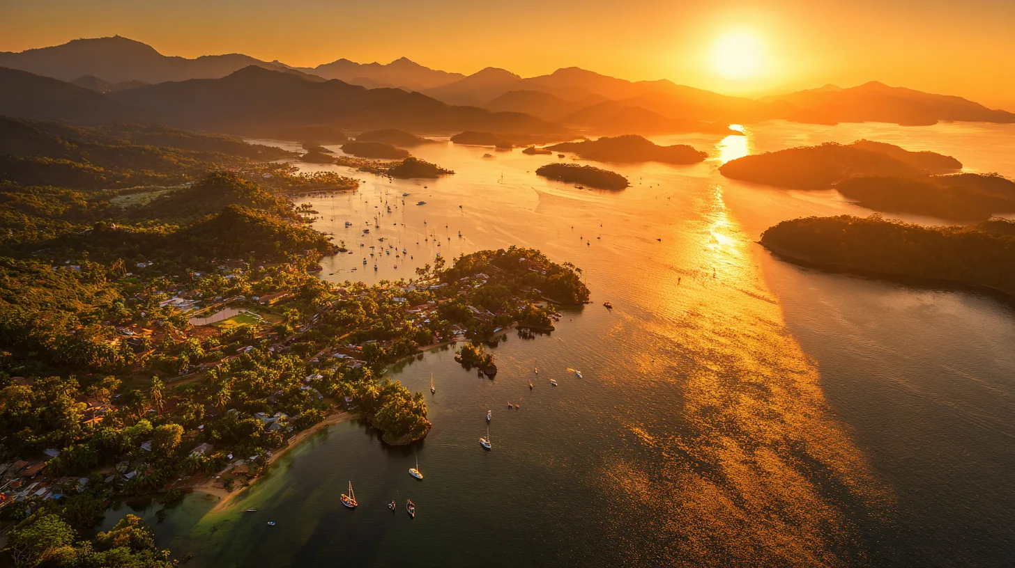 Cinematic view of Angra dos Reis islands at golden hour