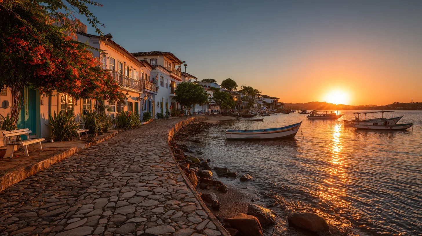 Cinematic view of Búzios coastal village at sunset