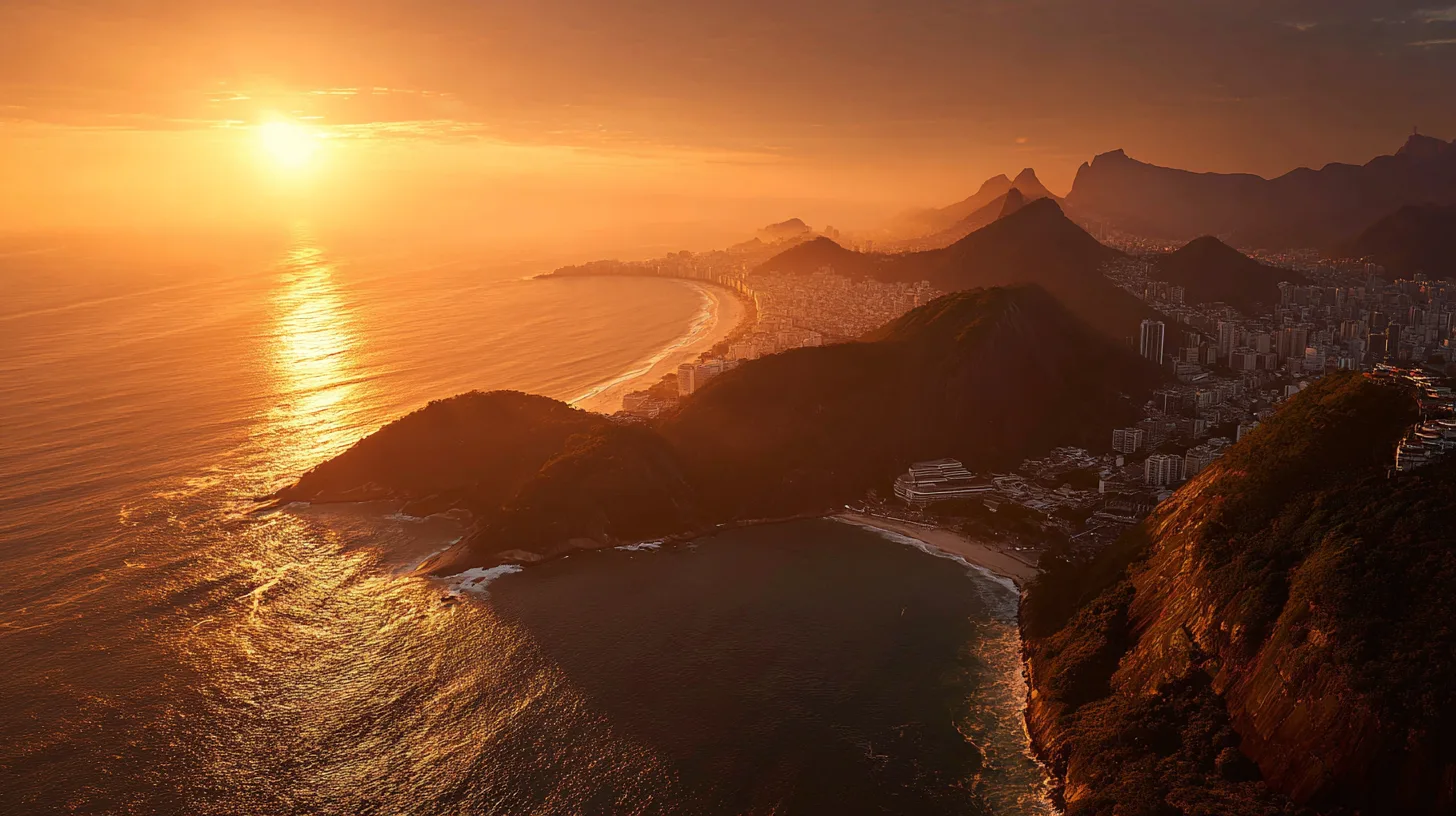 Cinematic aerial view of Rio de Janeiro coastline at sunset