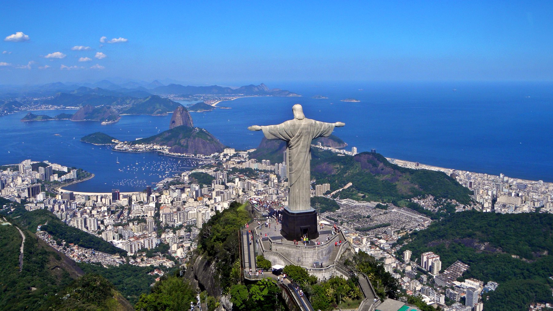 Aerial view of Christ the Redeemer with Sugarloaf, Botafogo Bay and the Atlantic coastline